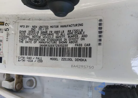 2007 Toyota Corolla Ce z USA, uszkodzony, nr VIN 1NXBR32E87Z935239